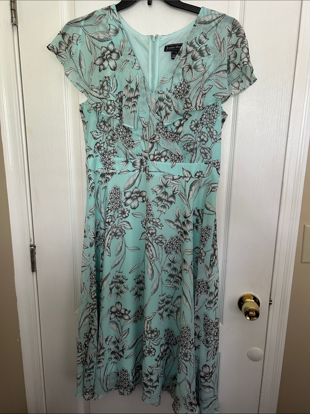 Jessica Howard Mint Floral V-Neck Cap-Sleeve Midi Dress Size 14